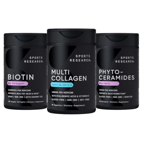 Spor Araştırmaları Vegan Biotin 10.00063 with Coconut Oil, Multi Collagen Pills (Type I, II, III, V, X) Hidrolyzed Collagen Hydro with Hyaluronic Acid + Vitamin C & Phytoceramids 350 mg per Softgel