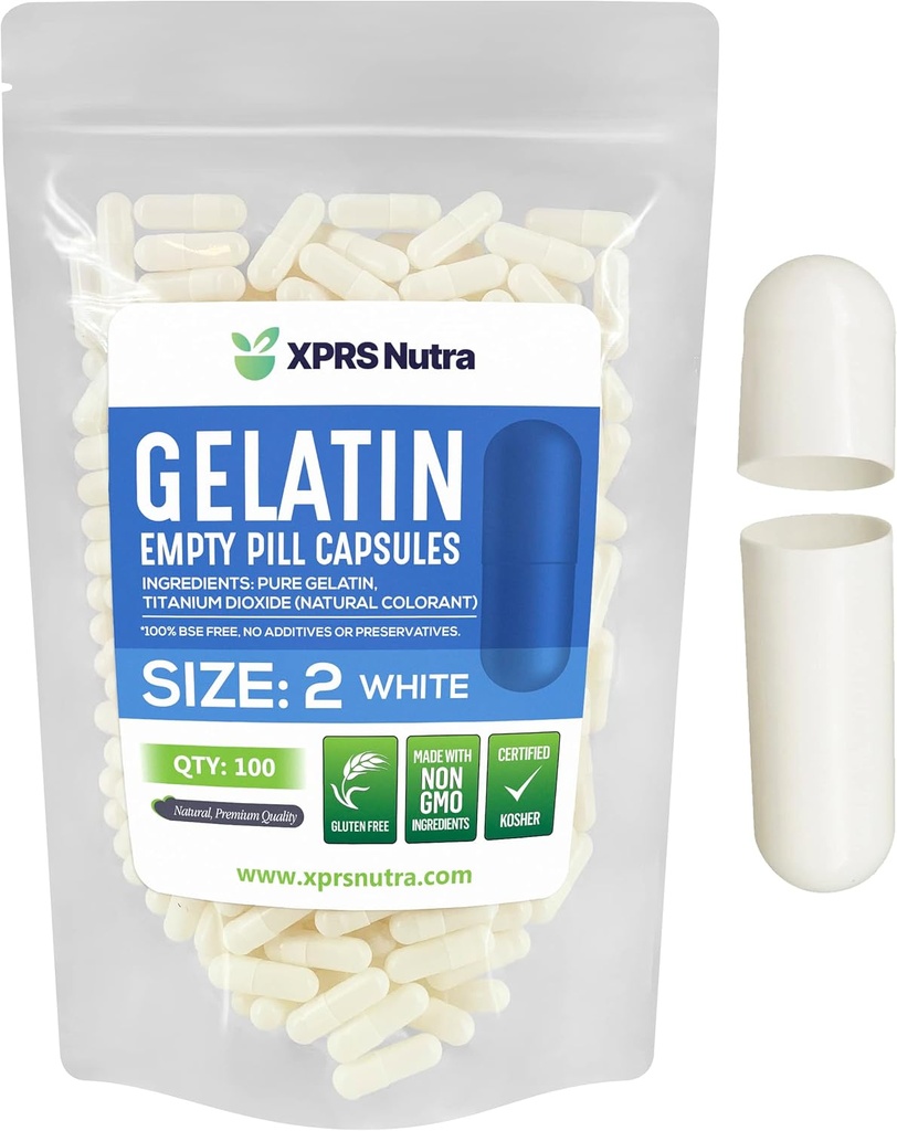 XPRS Nutra Boyutu 2 Boş Kapsüller - 100 Kont Boş Gelatin Capsules - Pills DIY Capsule - Pure Bovine Pill Gel Caps For Do-It- Yourself Supplements (Beyaz)