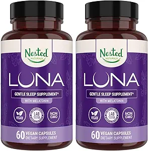 Nested Naturals Luna Sleep Aid - Doğal Kaynaklanmış Malzemeler ile Yetişkinler için Doğal Uyku Pilleri - Valerian Root, Melatonin, Chamomile, Lemon Balm ve More - 120 Vegan Capsules