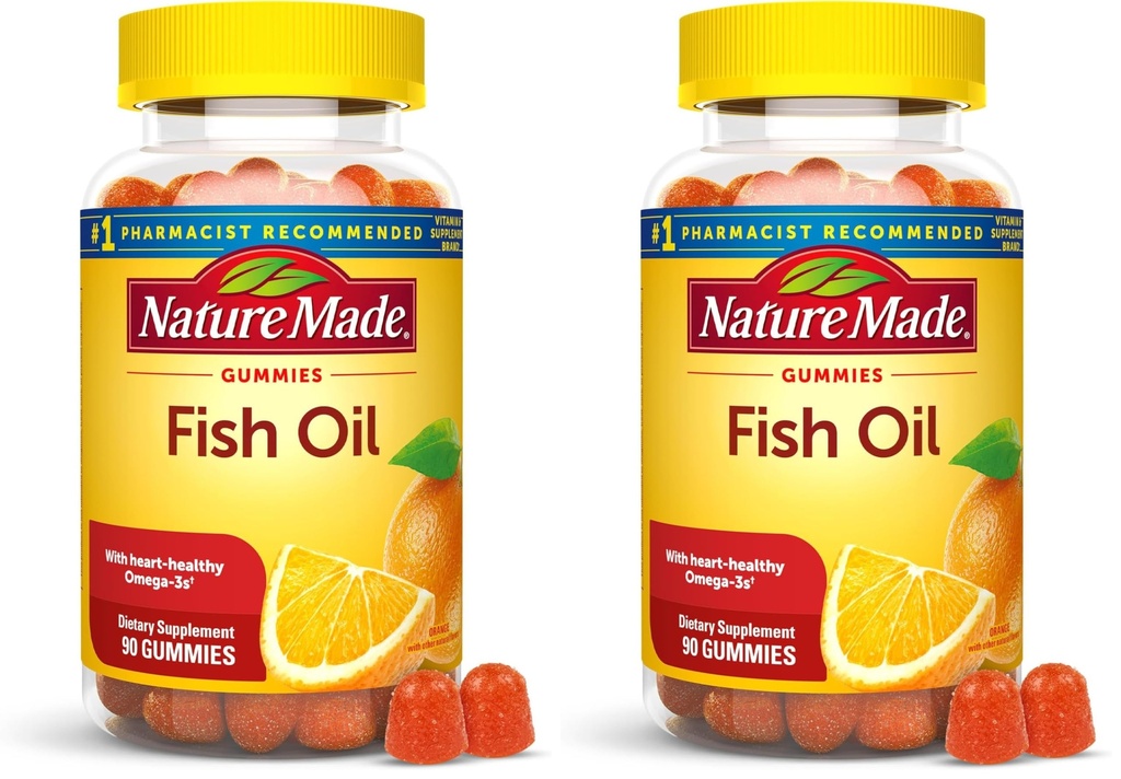 Nature Made Fish Oil Omega 3 Gummies,Omega 3 Fish Oil Supplements,Healthy Heart Support,90 Gummies,45 Day Supply,(Pack of 2)