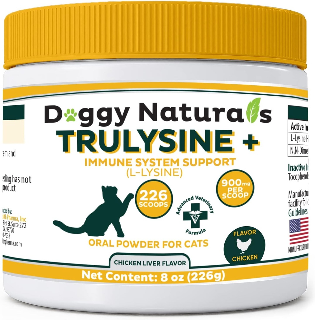 Gerçektensine Plus L-Lysine for Cats Immune Support Oral Toz 8oz/226g - Tüm Yaşların Kedileri ve Kittens, Runny Nose Sneting, Watery Eyes Chicken Liver Flavor (U.S.A)(226 Grams (900 mg / Scoop)