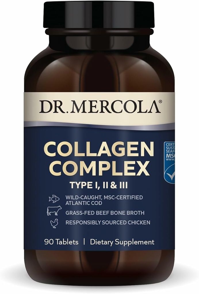 Dr. Mercola Collagen Complex - Υποστηρίζει δέρμα & συνδετικό ιστό - Τύποι I, II & III Collagen - Μη ΓΤΟ, Χωρίς γλουτένη & χωρίς σόγια - 90 δισκία (30 σερβίτσια)