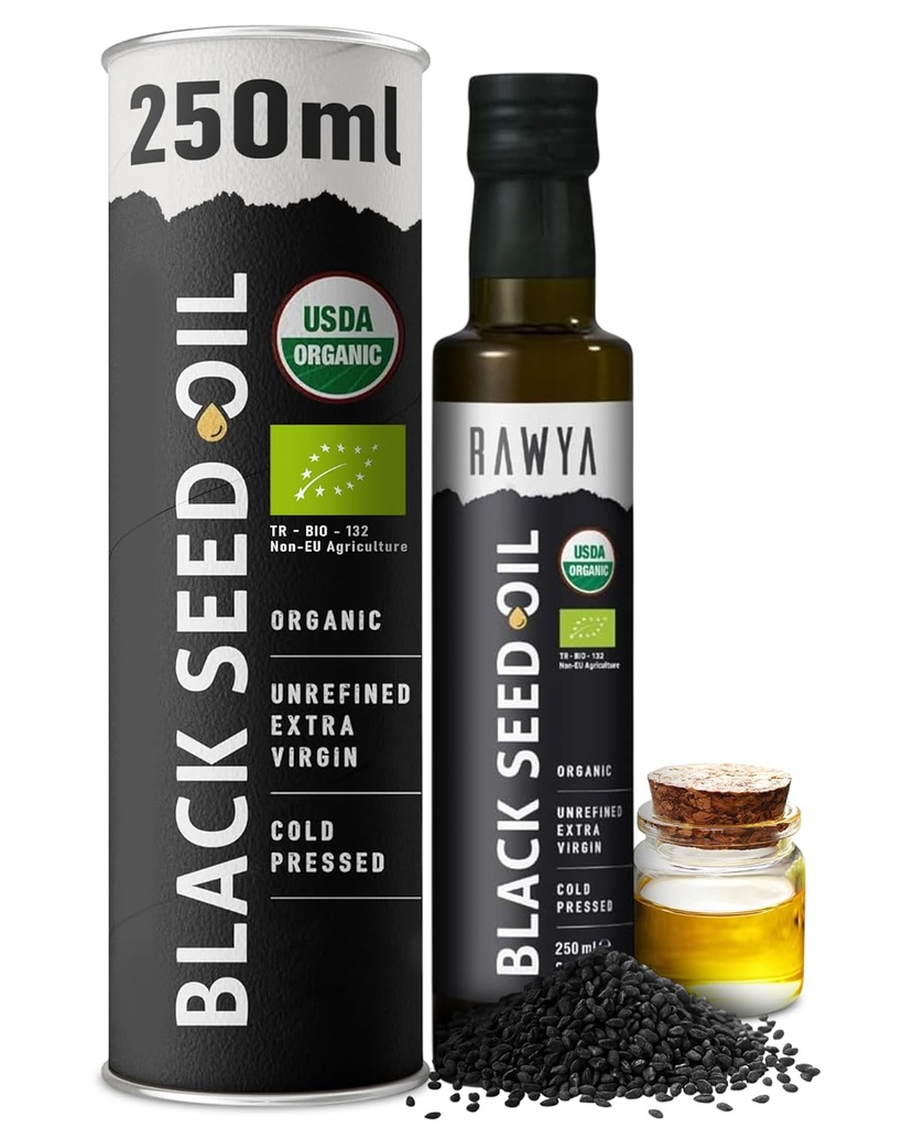 RAWYA Black Seed Oil - USDA Organic Certified - Cold Pressed - 8.4 Fl oz - Extra Virgin - Turkish Black Cumin Seed - Premium Nigella Sativa με Thymoquinone - Kalonji - Μη-GMO, Χωρίς γλουτένη - Συμπλήρωμα διατροφής - Επιπλέον έντονη γεύση