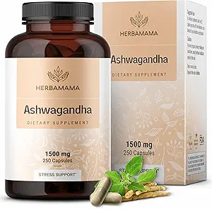 HERBAMAMA Ashwagandha κάψουλες - 1500mg Pure Ashwagandha Root for Relaxation & Mood Support - Vegan, Μη-GMO Focus & Calming συμπλήρωμα για ενήλικες, 250 Caps