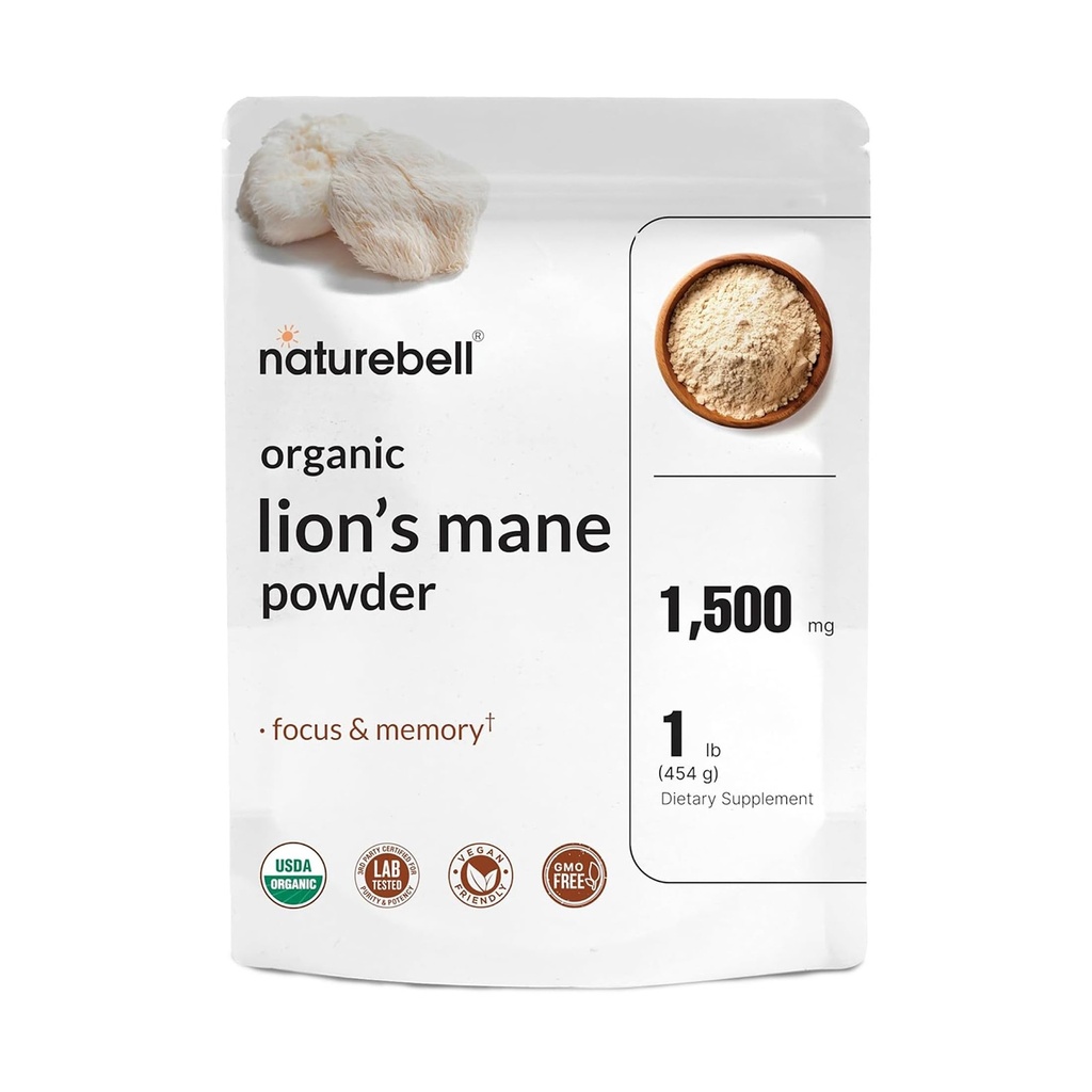 DoğaBell Organik Aslanlar Mane Toz 1.500 mg Odada, 1lb | Tüm Meyve Vücut ve Mycelium Mushroom Kaynağı – Focus, Memory, & Immune Health Supplement – Non-GMO, Vegan