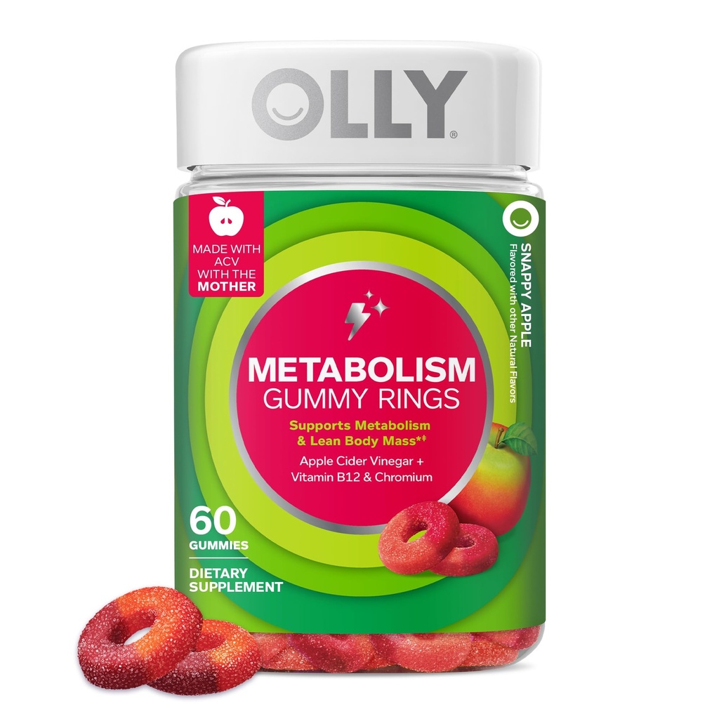 OLLY Μεταβολισμός Gummy Rings, Μεταβολισμός και Cellular Energy Chewable Supplement, * Μηλίτης μηλίτη Ξίδι, Βιταμίνη B12, Χρώμιο Picolinate, Apple Γεύση, 60 ημέρες προσφοράς - 60 μέτρα