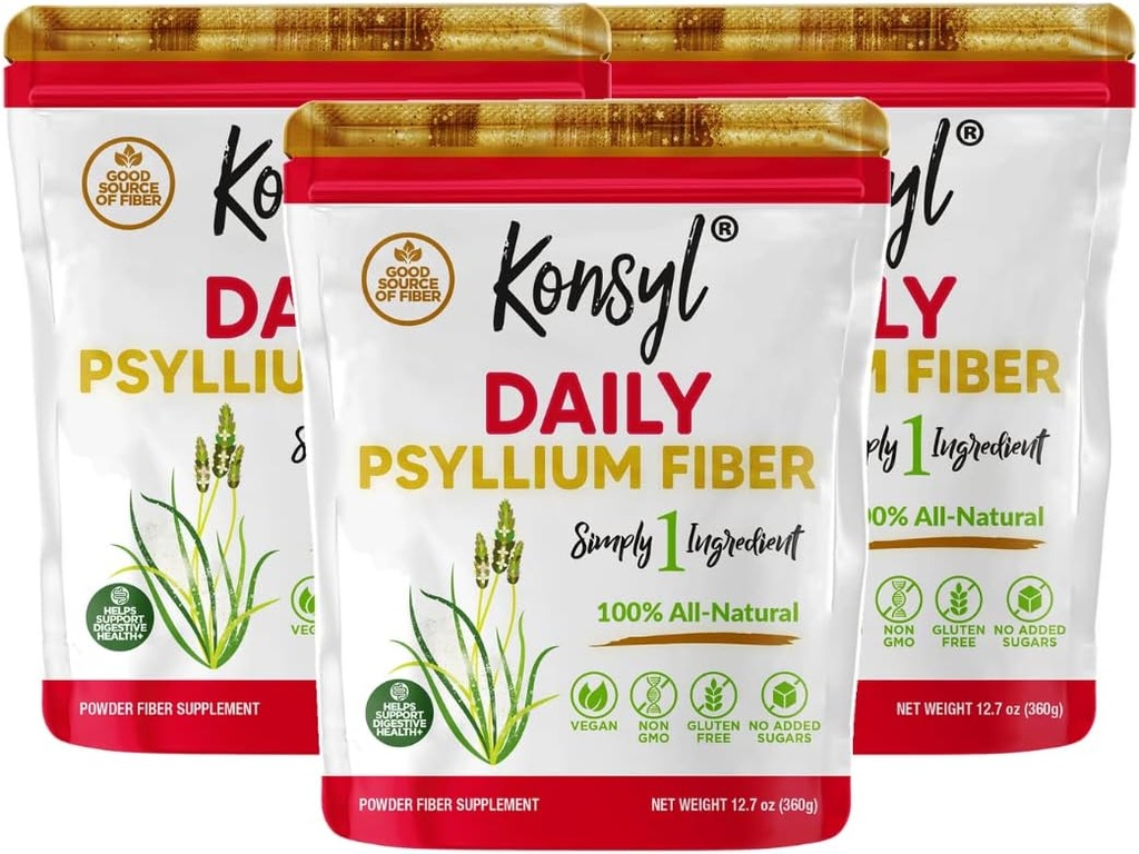 Konsyl Daily Psyllium Fiber, 3 Pack, 360g Gusset Bag, Gluten Free, Non GMO, Keto Friendly, Unflavored, Easy Mix Fiber