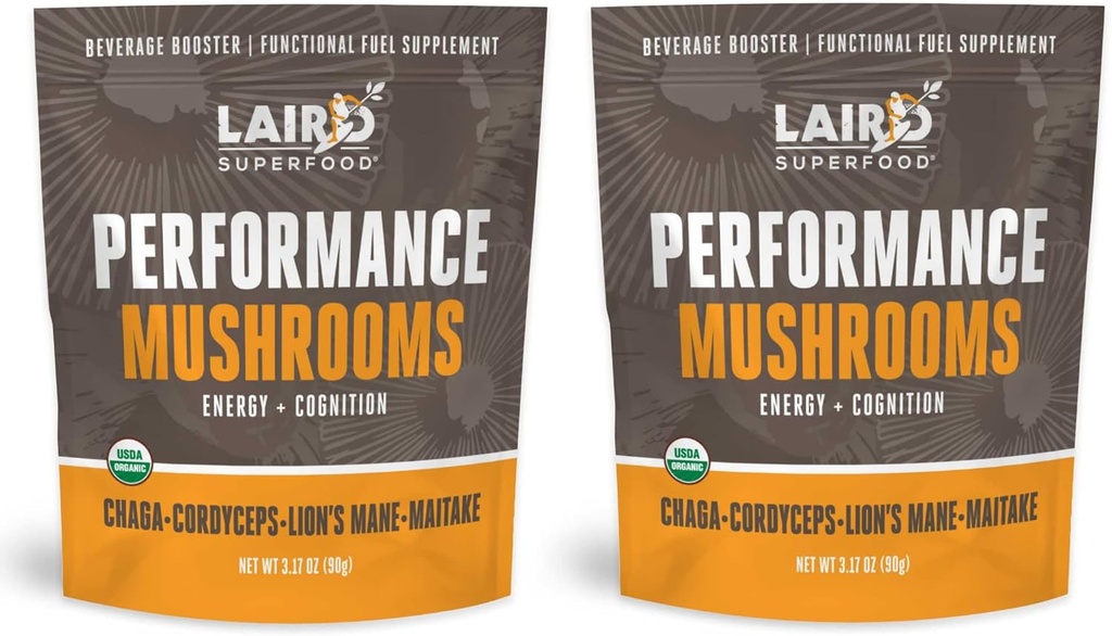 Laird Superfood Organic Performance Mushroom Blend with Chaga, Cordyceps, Lion's Mane και Mitake for Energy and Cognition, 3,17 oz. Τσάντα, συσκευασία των 2