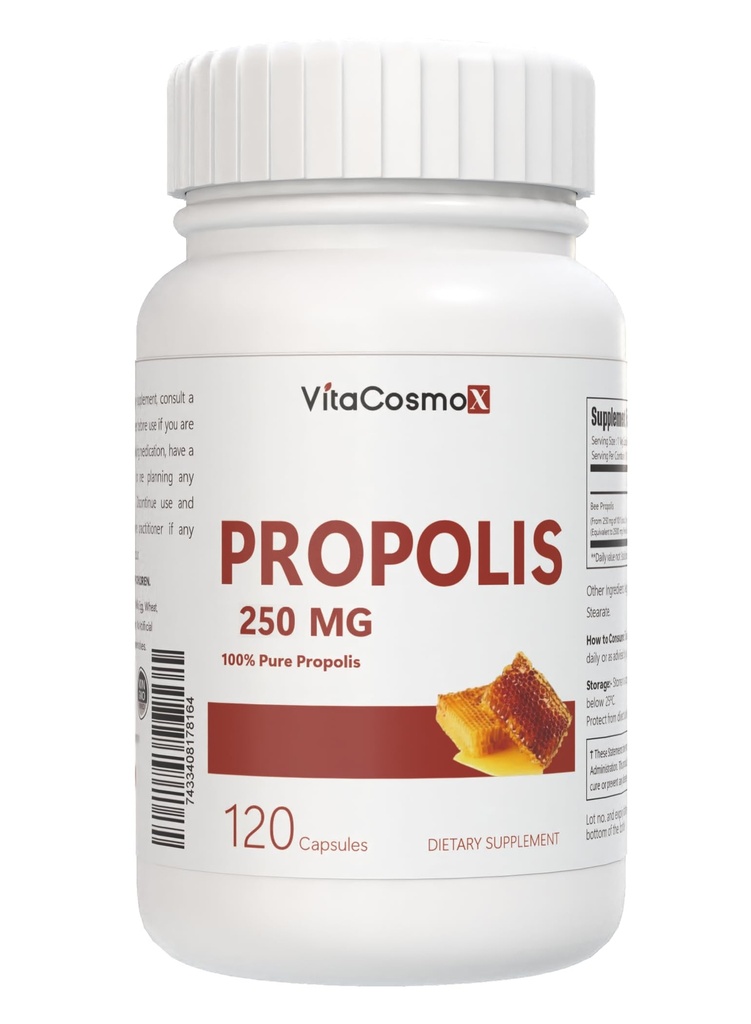 Bee Propolis Capsules, 250mg, 120 Count 100% Vegetarian, Non-GMO & Gluten Free