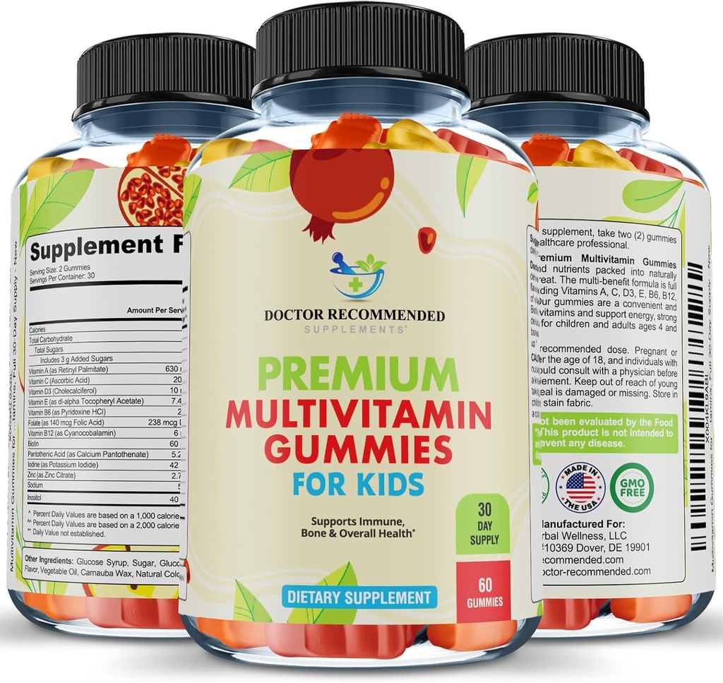 Premium Multivitamin Gummies for Toddlers & Kids - Chewable Essential Daily Vitamins A, C, D3, E, B6, B12, Biotin - No High-Fructose-Corn-Syrup or Artificial Sweeteners - 60 Gummies, 30-Day Supply