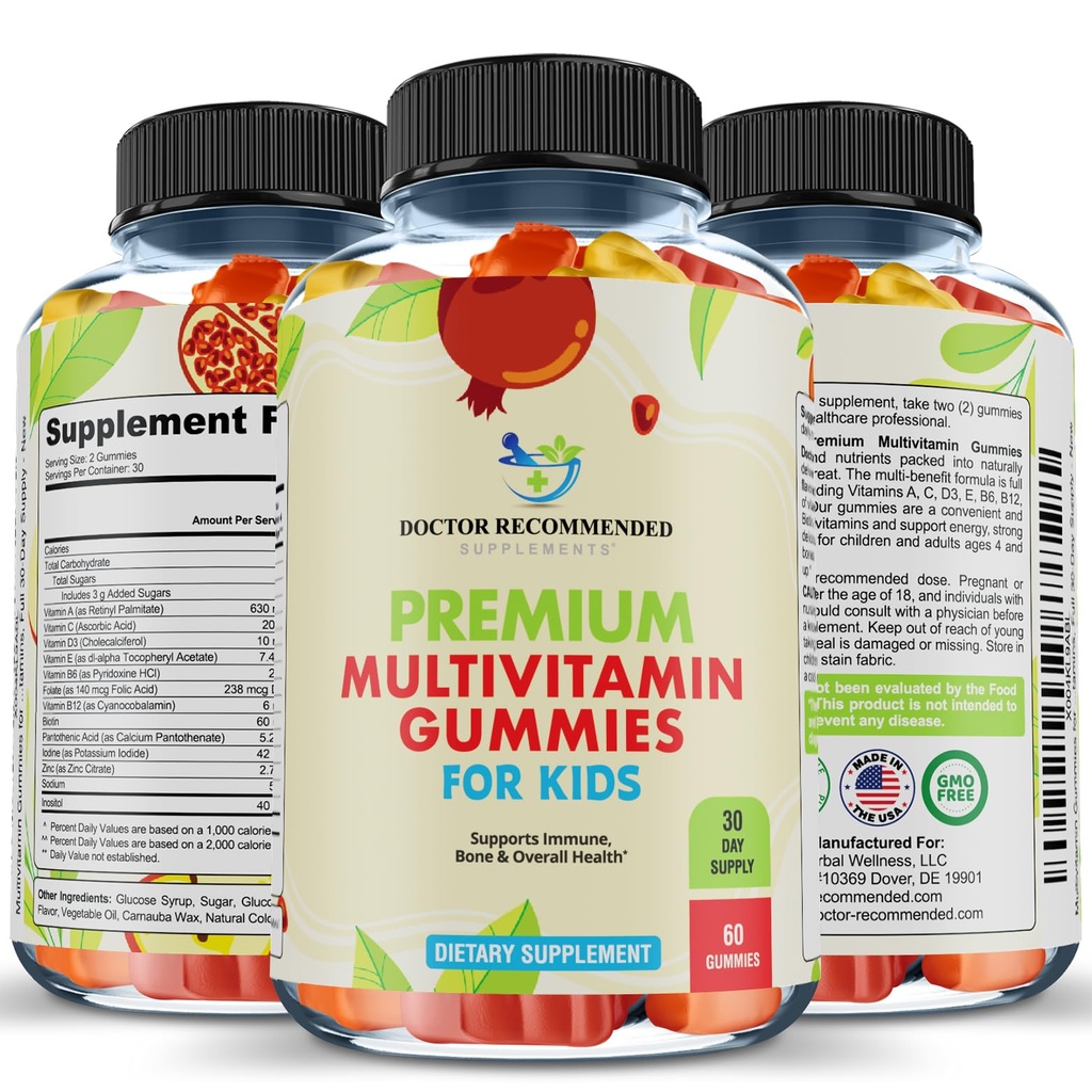 Toddler & Çocuklar için Premium Multivitamin Gummies - Chewable Essential Daily Vitamins A, C, D3, E, B6, B12, Biotin - No High-Fructose-Corn-Syrup veya Yapay Sweeteners - 60 Gummies, 30 Günlük Supply