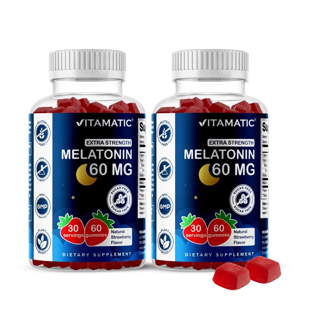 Vitamatic Sugar Free Melatonin 60 mg - 60 Vegetarian Gummies - Non-Habit Forming Supplement- 2 Pack