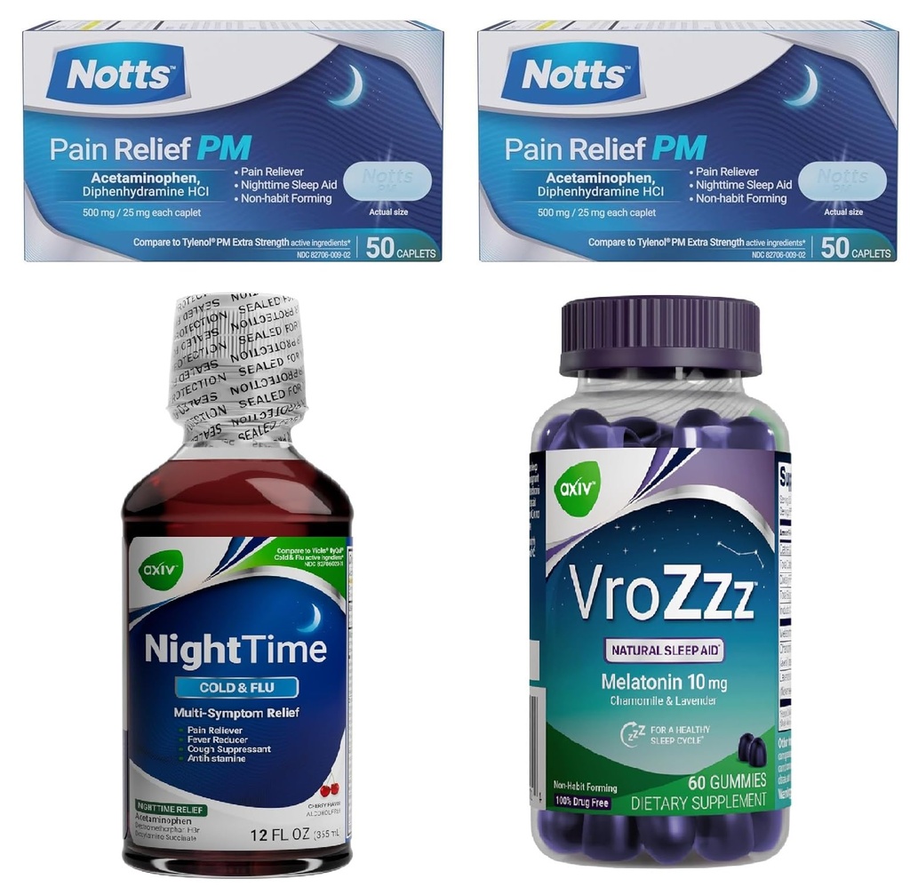 AXIV Sleep Aid & Pain Relief Bundle - VroZzz Melatonin Gummies, Nighttime Cold & Flu Liquid, and PM Extra Strength Pain Relief Caplets