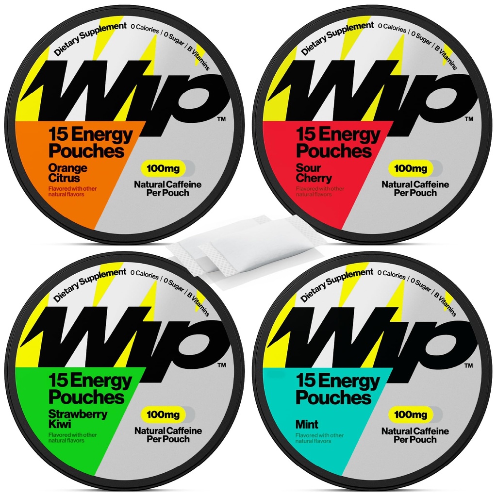 Wip Energy Pouches | 100mg Natural Caffeine | Vitamins and Minerals | 4 Pack Assorted: Sour Cherry, Mint, Orange Citrus, Strawberry Kiwi