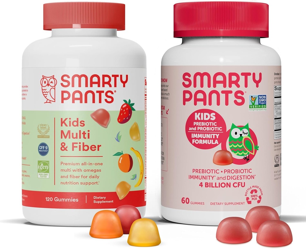 SmartyPants Kids Multivitamin Fiber Supplement Gummies and Probiotic Immunity Bundle: Omega 3 Fish Oil (EPA/DHA), Vitamin D3, C, Vitamin B12, B6, Digestive & Immune Support Supplement (30 Day Supply)