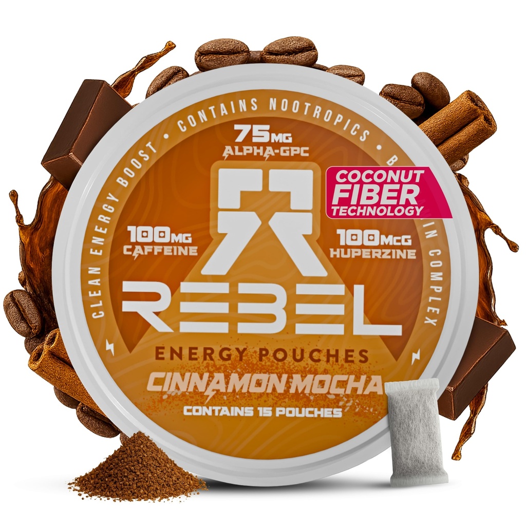 Rebel Nootropic Energy Caffeine Pouches (Cinnamon Mocha) • 100mg Caffeine • Alpha GPC • Huperzine A & Essential Vitamins • Sugar-Free • Coconut Fiber Technology • 15 Pouches Per Can (Pack of 1)