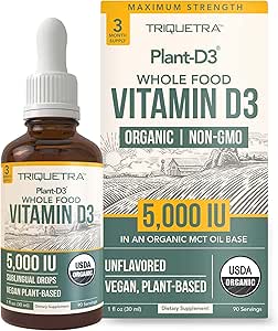 Plant-D3 Organic Vitamin D3 5000 IU - Vegan, Max Strength Sublingual Liquid D3 Drops - 200% Higher Absorption - 100% Plant-Based Cholecalciferol Form - Adjustable Dosing for All Ages (1oz Liquid)