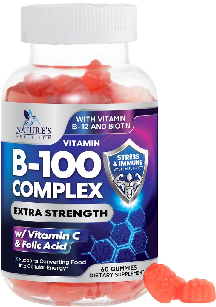 B Complex Supplement Gummies with Vitamin C & Folic Acid, Ekstra Güçlü Super Vitamin B Gummy with Niacin, B6, Folic Acid, B12, Biotin, Nature's Energy Immune Support Supplements - 60 Gummies
