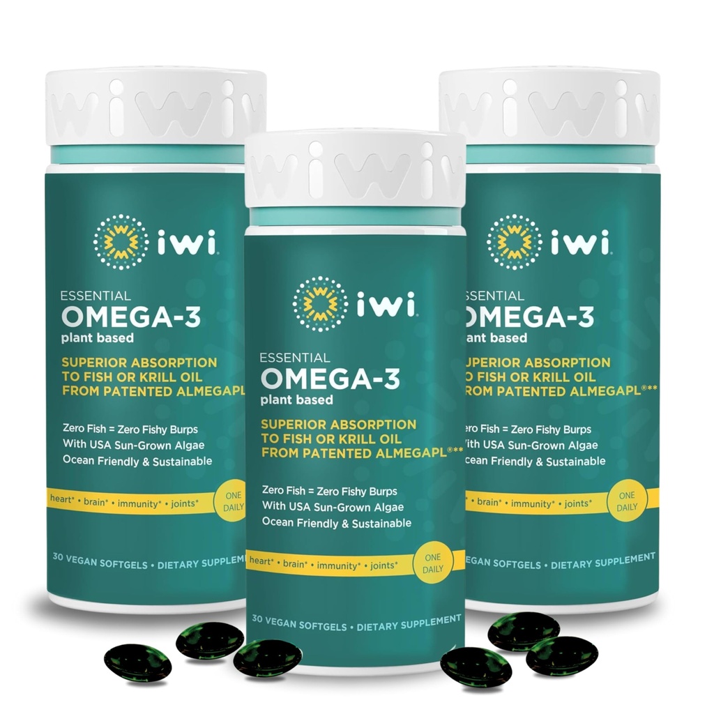 Iwi Omega-3 Essential, 90 Softgels (90 Servings), Φυτικά Άλγα Ωμέγα 3 με EPA + DHA, Εγκέφαλος, καρδιά & ανοσοποιητική υποστήριξη Συμπλήρωμα διατροφής, Κριλ & ιχθυέλαιο Εναλλακτική, Δεν Ψάρια Επίγευση