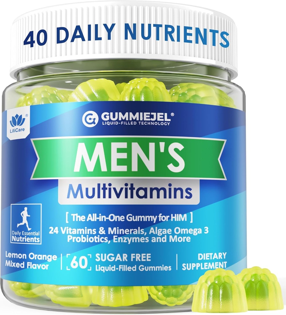 Erkekler Multivitamins Gummies, Multiminerals, Vegan Omega 3, CoQ10, Probiyotikler, Günlük Erkekler A C D3 E B6 B12, Erkekler için Çokvitamin - Enerji, Immunity, Sugar Free, Vegan (No Iron) 60 Cts
