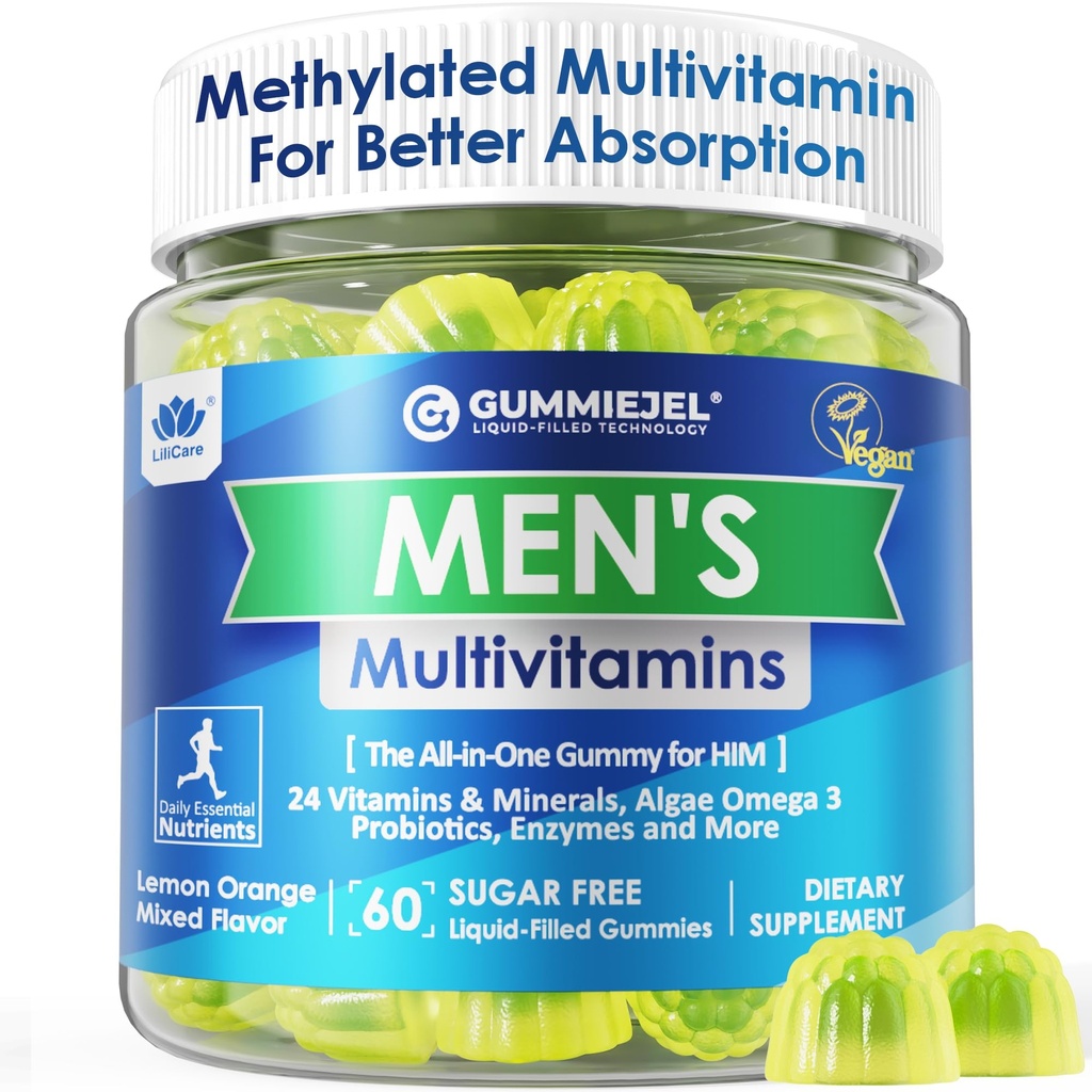 Erkekler Multivitamins Gummies, Multiminerals, Vegan Omega 3, CoQ10, Probiyotikler, Günlük Erkekler A C D3 E B6 B12, Erkekler için Çokvitamin - Enerji, Immunity, Sugar Free, Vegan (No Iron) 60 Cts