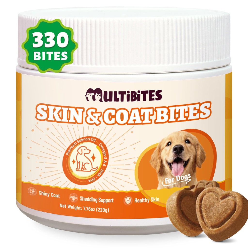 7.76 oz Skin & Coat Bites for Dogs - with Omega 3 from Salmon Oil for Dogs, Flaxseed, Vitamin E & Biotin - Skin and Coat Supplement for Itching Skin Relief - Dog Vitamins and Supplements