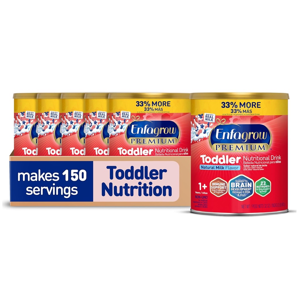 Enfagrow PREMIUM Toddler Beslenme İçme, Gerçek Süt ile Yapıldı, Beyin-Building Omega-3 DHA, Nutrients ve Prebiyotikler için Büyüme ve Immune Desteği, Non-GMO, Toddler Kont Toz, 32 Oz Can, 6