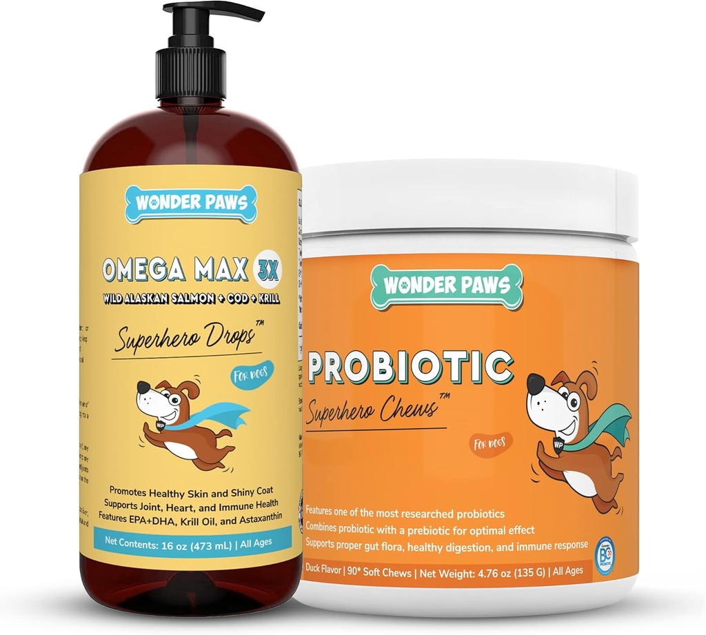 WONDER PAWS Omega Max Fish Oil Plus Probiyotik Chews - Köpek Ortak Sağlık, Cilt Moisture, Gut Health & Daily Wellness - Omega Max 16 Ounces - Probiyotik 90 Chews