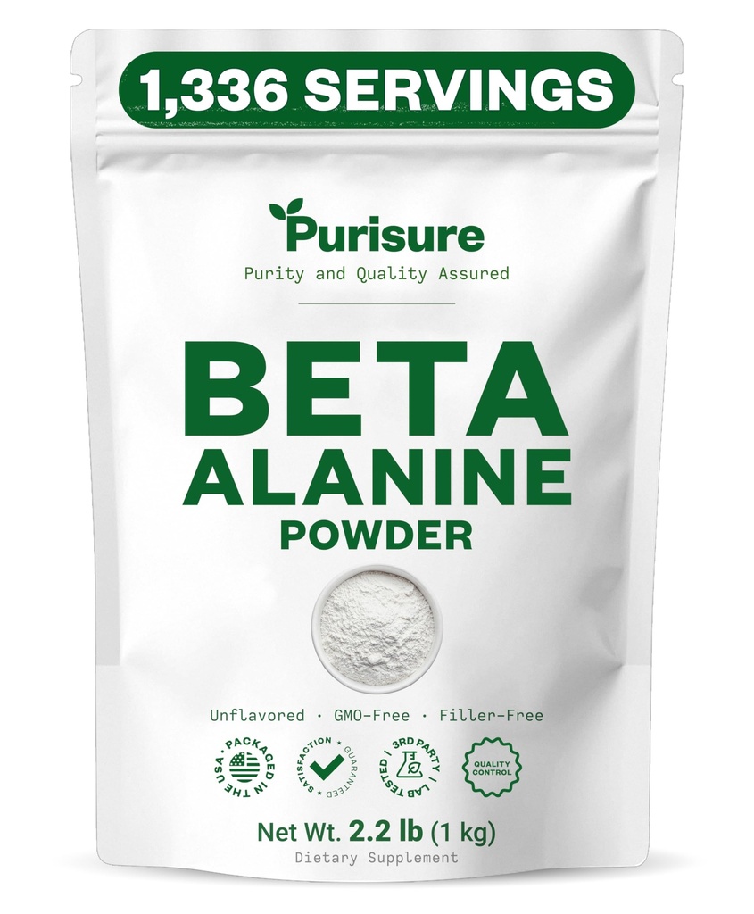Purisure Beta Alanine Powder 1kg, Pure Beta Alanine Pre-Workout Supplement for Continued Energy, Beta Alanine Pre Workout Powder for Men and Women, Alanine Supplement for Endurance, 1.336 Servings