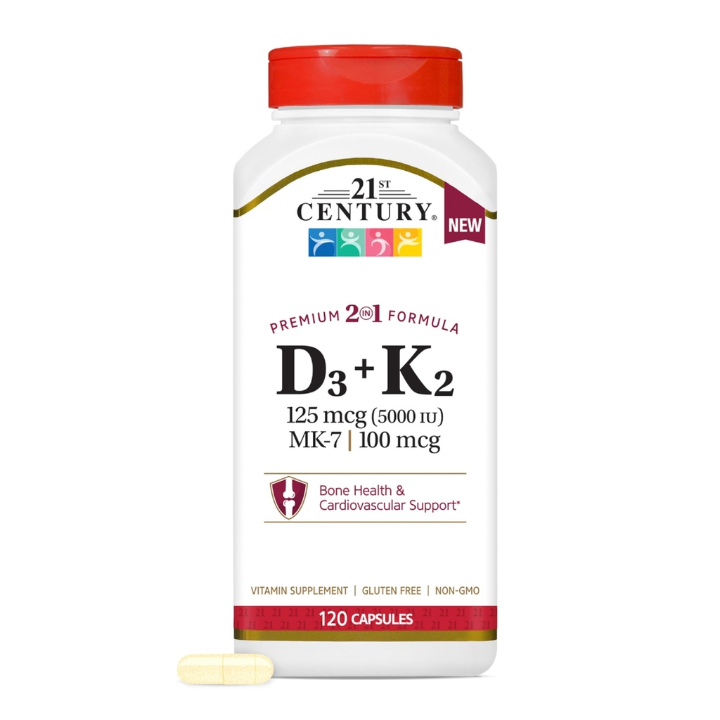 21st Century Vitamin D3 125 mcg + K2 100 mcg, (120 Count), Bone, Teeth & Heart Support, Non-GMO, 2 in 1 Vitamin D3 5000 IU + K2 Formula, Milk, Lactose, Soy, Wheat, & Gluten Free, 120 Serv