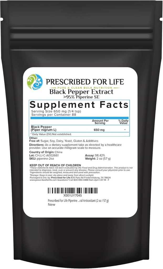 Life Piperine Toz için,% 95 Black Pepper Extract Toz, Boosts Nutrient Abxia, Gluten Free, Vegan, GMO, Natural Antioksi (2oz / 56g)