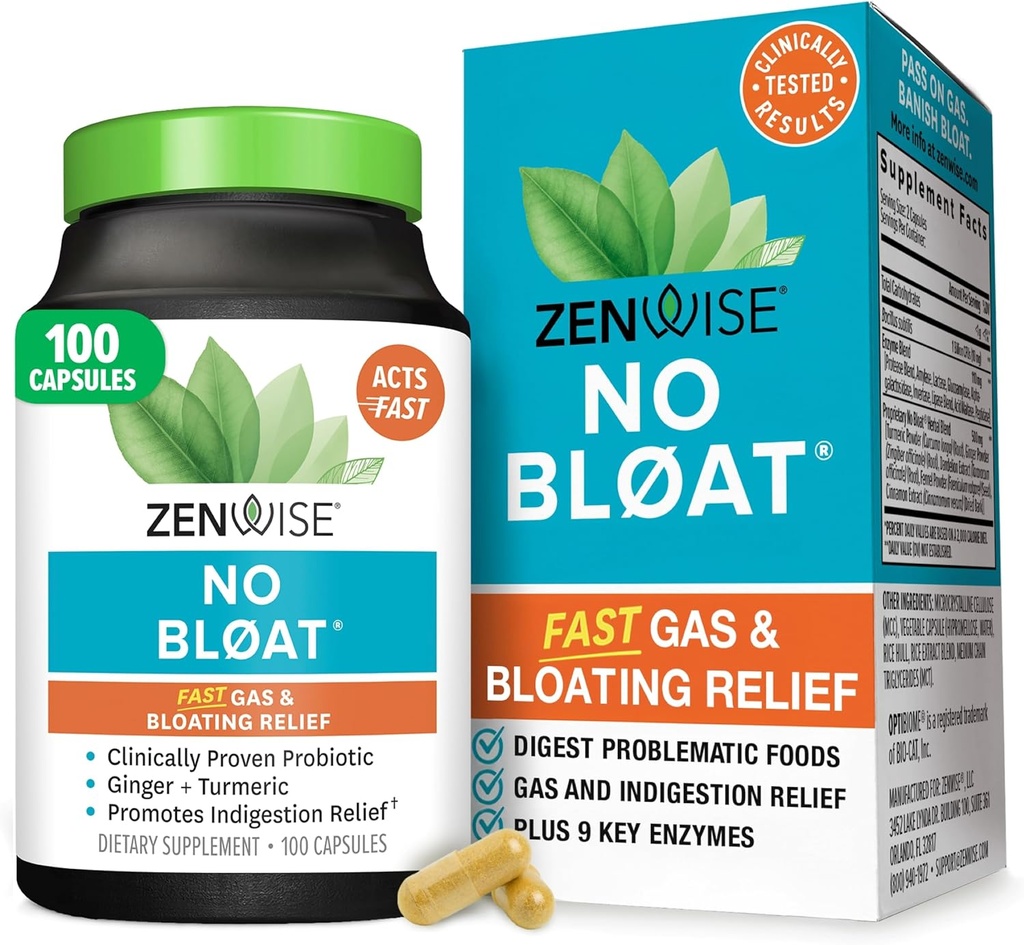 Zenwise Health No Bloat Digestive Enzymes for Gut Health, Gas & Bloating Relief - Multi Enzymes Digestion Supplement with Probiyotiks, Ginger, Turmeric Dandelion & Lactase - Men & Women - 100 Count