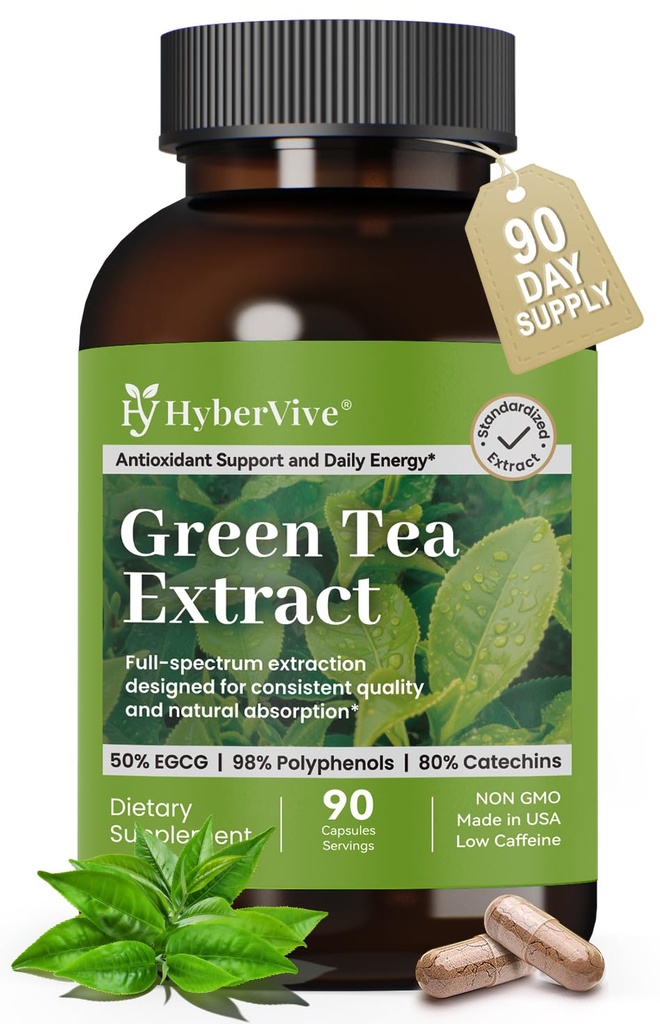 Green Tea Extract 450MG, High-Potency 50% EGCG (Standardized), 98% Polyphenols & 80% Catechins, Antioxidant & Metabolic Support, Naturally Low in Caffeine, Non-GMO, Made in USA, 90 Capsules