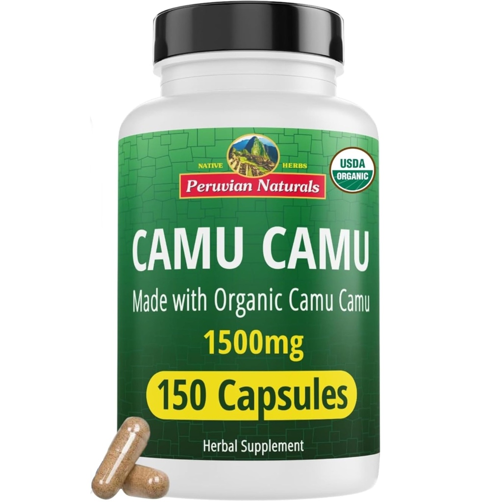 Peruvian Naturals Vitamin Organik C Camu Camu Capsules 1.500 mg - 150 Vegan Pills, Doğal C Tüm Gıda Camu Berry Organik, Non-GMO