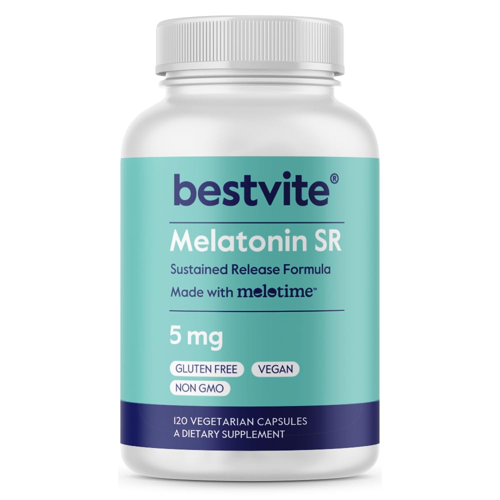 BESTVITE Μελατονίνη SR 5mg (120 κάψουλες χορτοφάγων) - Εκτεταμένη απελευθέρωση Μελατονίνη - Vegan - Μη ΓΤΟ - Χωρίς γλουτένη