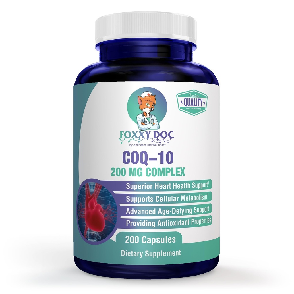 CoQ10 - Co-Enzyme Q10-200 mg - Mükemmel Değer - 200 Caps - Hızlı Abpsiyon - Veg. Caps - Non-GMO - Ubiquinone - Heart & Cellular Energy & Brain Supplement Tarafından Foxxy Doc
