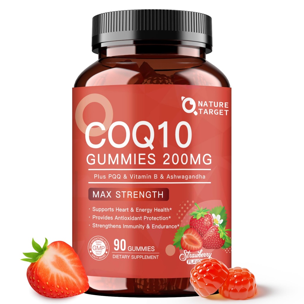 NATI TARGET CoQ10 Gummies 200 mg - Yüksek Abhidrasyon Coenzyme Q10 Kalp, Enerji ve Antioksit ile PQ,Zinc & Ashwagandha, Strawberry Flavor, 90 Count