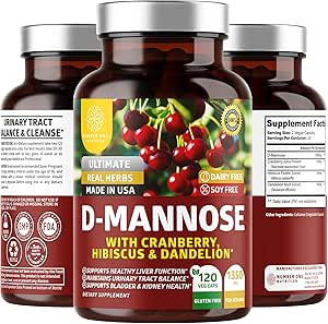 Kadınlar ve Erkekler için Bir Beslenme Premium D Mannose Supplement (Max Strength, 1350MG) Doğal D-Mannose ile Cranberry, Hibiscus ve Dandelion ile Urinary Tract Health, 120 Kont