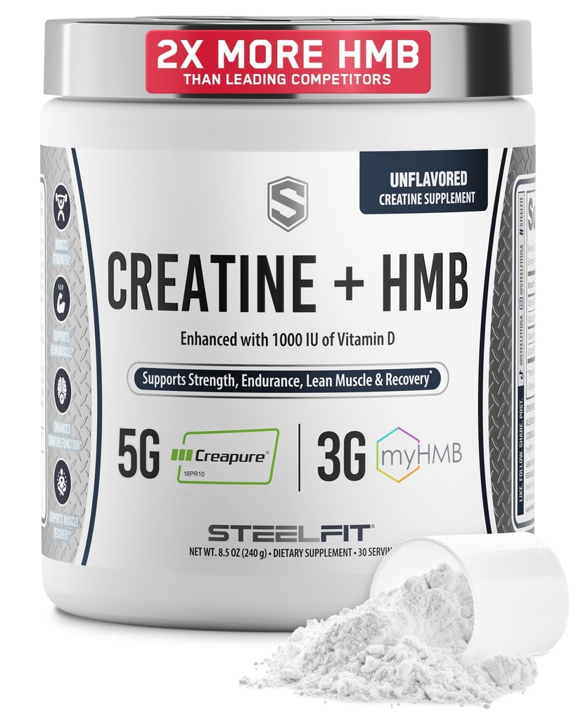 SteelFit Tinatine HMB Toz - 5gpure Kreatin Monohidrat Toz, 3g myHMB & 1000 IU Vitamin D - Workout Supplement Supports Muscle growth, Strength, Recovery & Energy - Unflavored, 30 Servisler