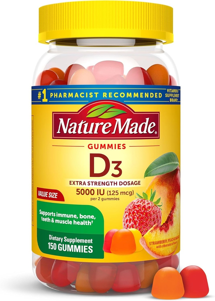 Nature Made Vitamin D3 5000 IU Per Care Gummies Extra Strength, Bone and Immune Health Support, 150 Vitamin D Gummies for Yetişkinler, 75 Day Supply
