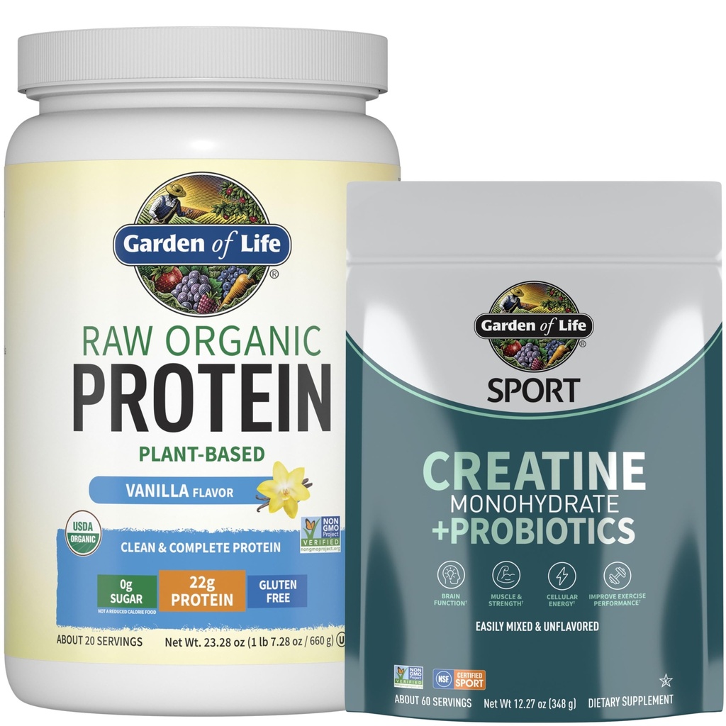 Garden of Life Protein & Creatine Bundle – Vegan Vanilla Protein Powder 20 Σερβίρεται με BCAAs, Probiotics & Enzymes + Creatine Monohydrate Προ προπόνηση 60 Σερβίρεται για τους μυς, τη δύναμη και την απόδοση