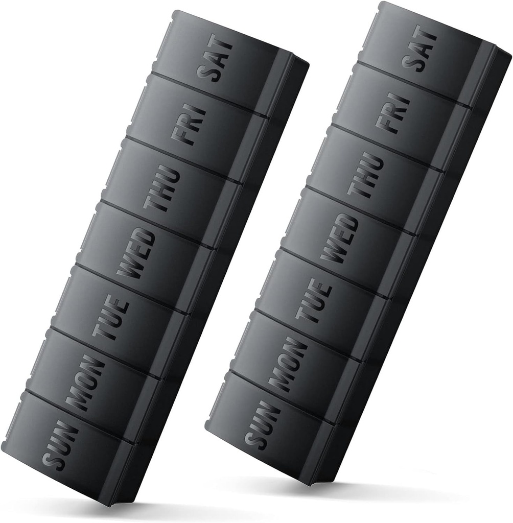 Büyük Pill Organizer 2 Pack, Easy-Open Weekly Pill Organizer, XL Daily Pill Organizers, 7 Günlük Tıp Pill Organziers, Medical Box 7 Day for Large Vitamin Supplements (Çift Siyah)