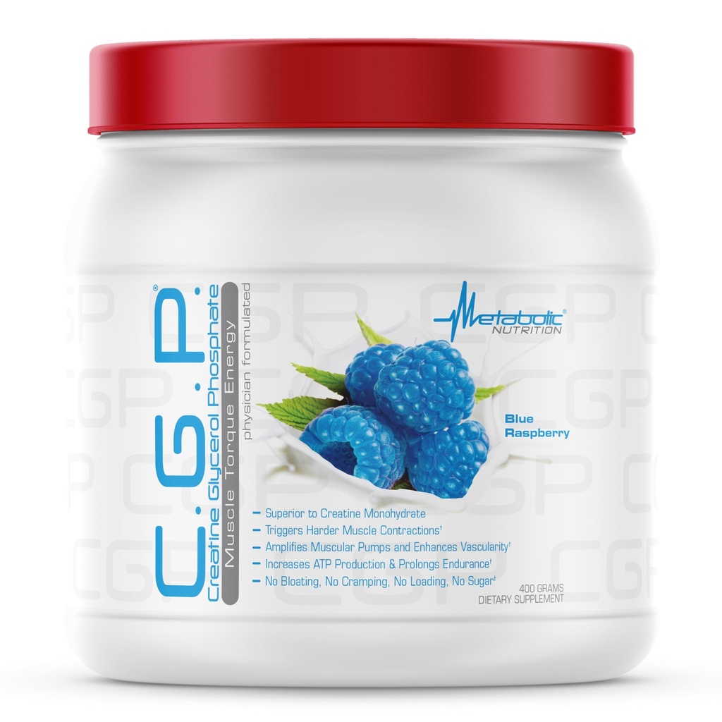 Metabolic Nutrition, CGP, Creatine Glycerol Phosphate, 100% Micronized Creatine Powder, Pre Intra Post Workout Supplement, Blue Raspberry, 400 Grams (40 Servings)