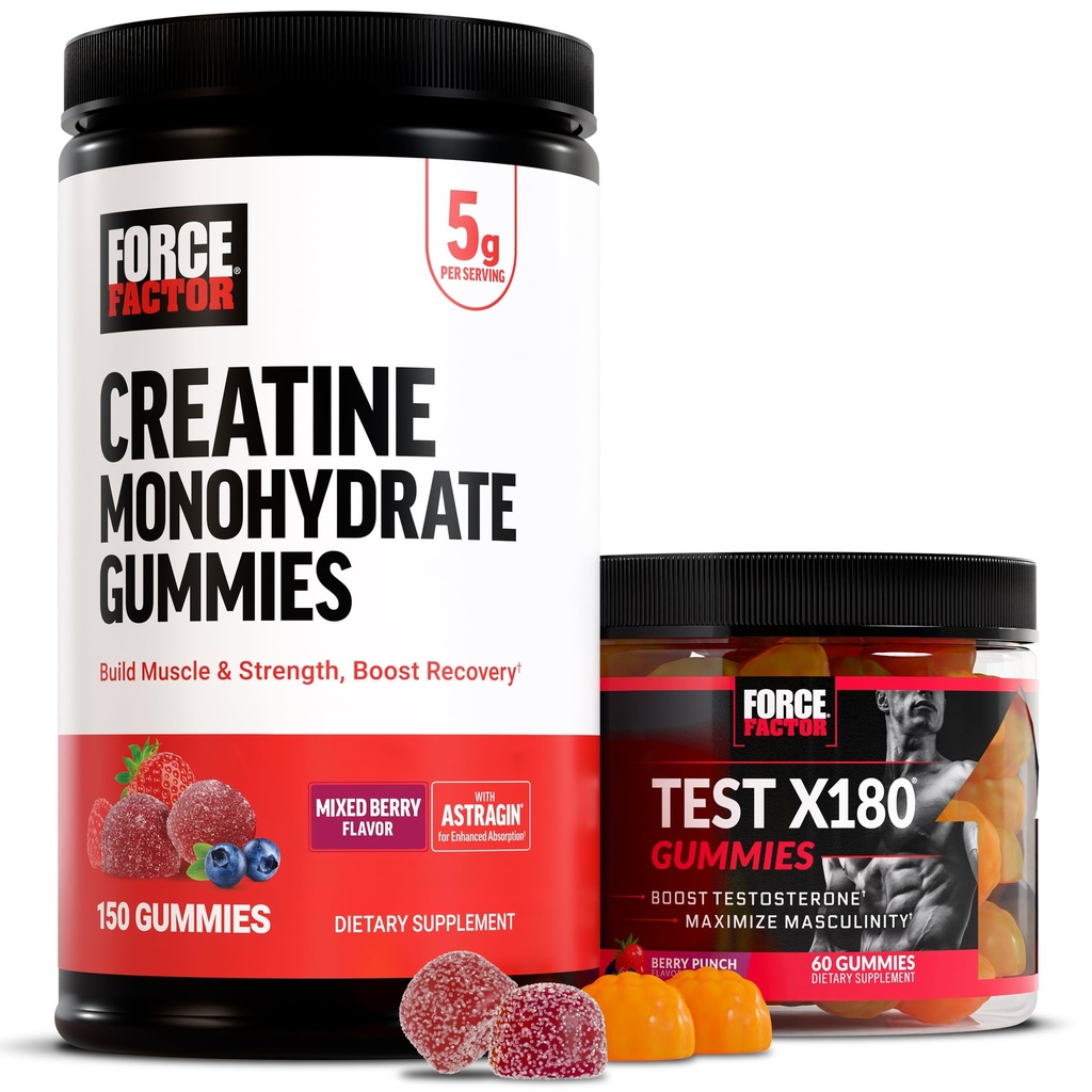 Force Factor Creatine Gummies, 5 Grams Creatine Monohydrate for Muscle Gain, Mixed Berry Test X180 Gummies Testosterone Booster for Men with Tongkat Ali, Berry Punch, 60 Gummies, 1-Pack