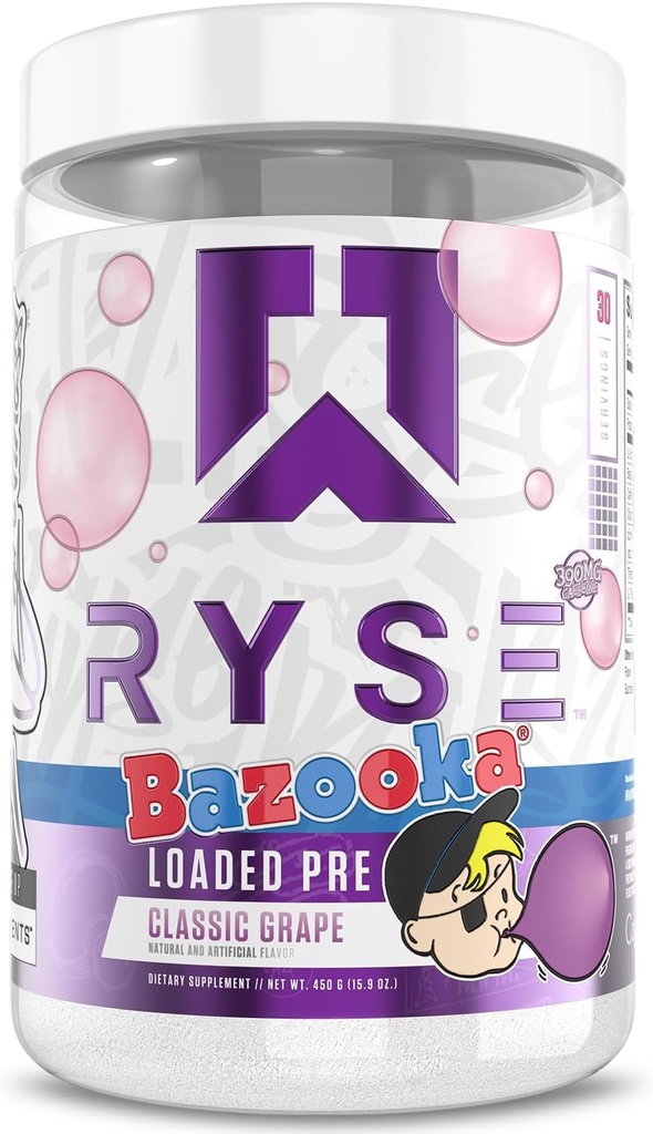 RYSE Loaded Pre Workout Toz - Bazooka Grape - Erkekler ve Kadınlar için 390 mg Caffeine, Beta Alanine ve Citrulline for Pump, Focus, and Energy - 30 Servisler