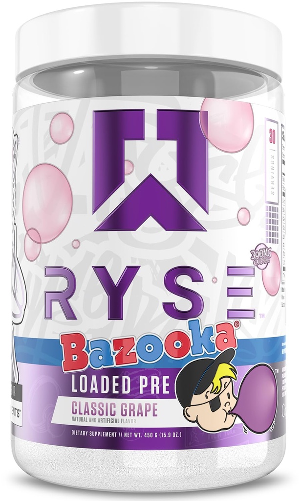 RYSE Loaded Pre Workout Toz - Bazooka Grape - Erkekler ve Kadınlar için 390 mg Caffeine, Beta Alanine ve Citrulline for Pump, Focus, and Energy - 30 Servisler