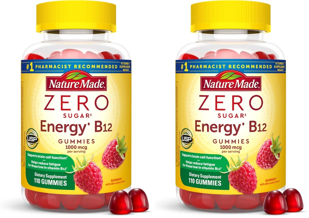 Nature Made Zero Sugar Energy Vitamin B12 Gummies 1000 mcg per Serving,B12 Vitamin,Energy Metabolism Support,Aspartame Free,110 Sugar Free Gummies,55 Day Supply,(Pack of 2)