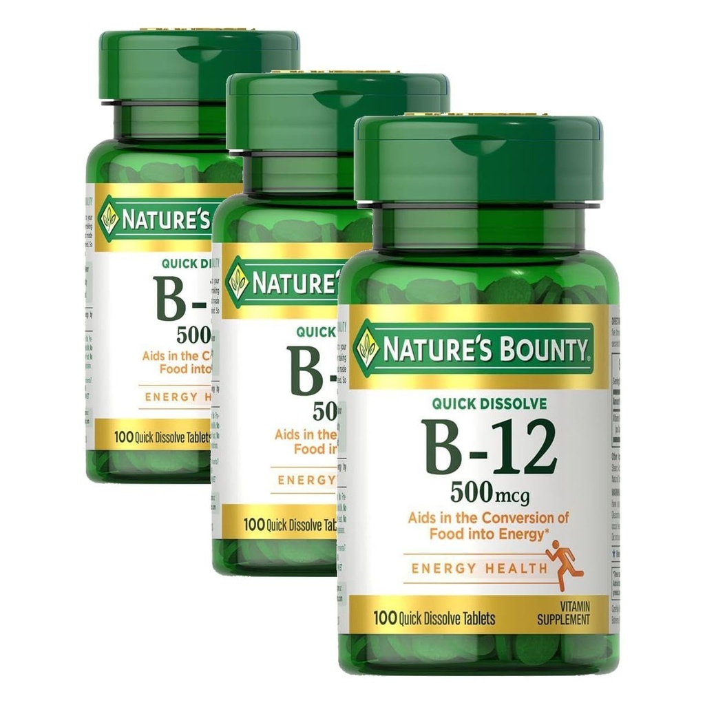 Nature's Bounty Vitamin B12, Supports Energy Metabolism and Nervous System Health, 500mcg,Quick Dissolve Tablets, 100 Count (Pack of 3)