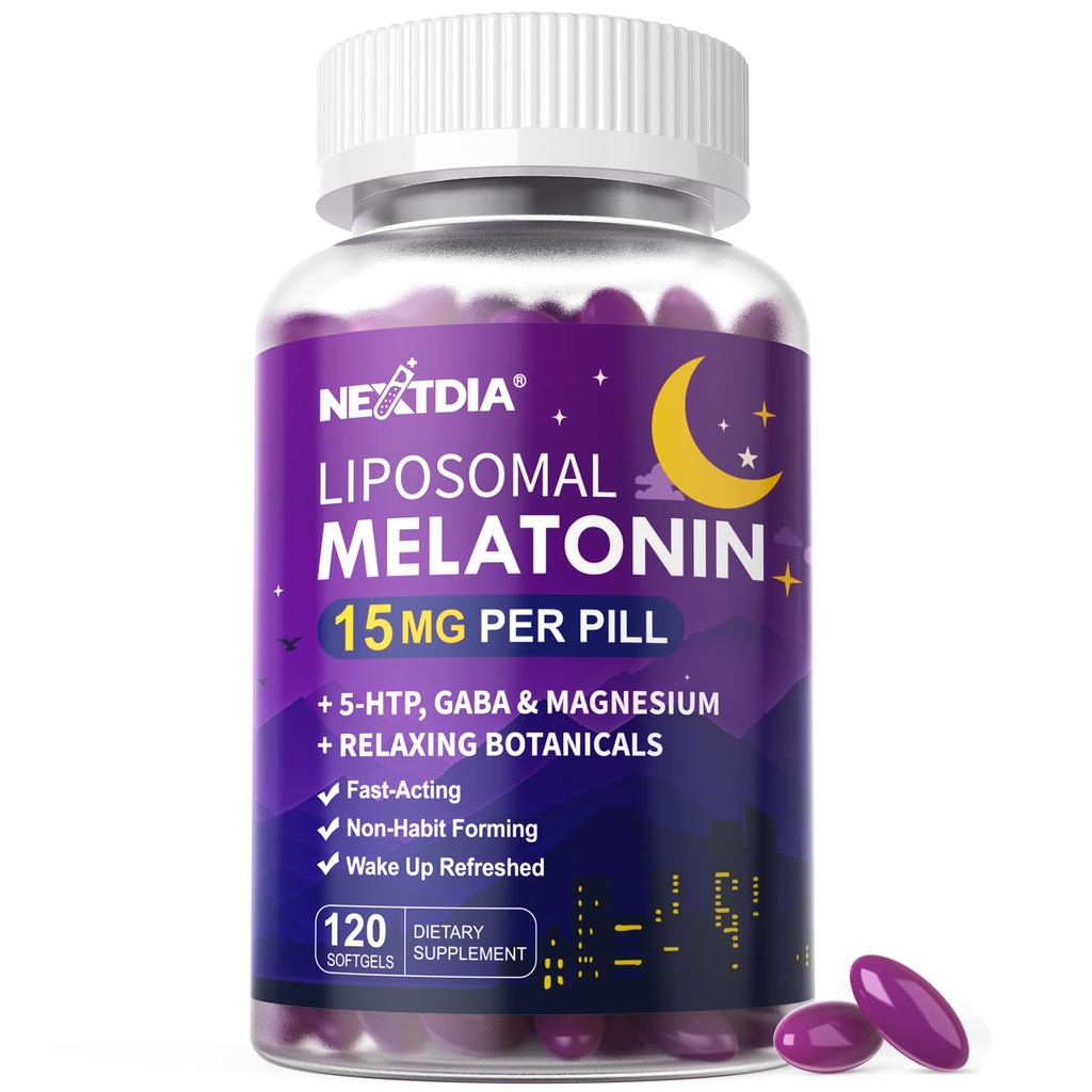 Liposomal Time Release Melatonin + Sleep Magnezyum Tamam, Doğal Calm Sleep Aids for Yetişkinler, 15mg 30 mg Melatonin Genişletilmiş Yayın Pills w/ GABA, 5-HTP, Ashwagandha & L-Theanine, 120 Softgels
