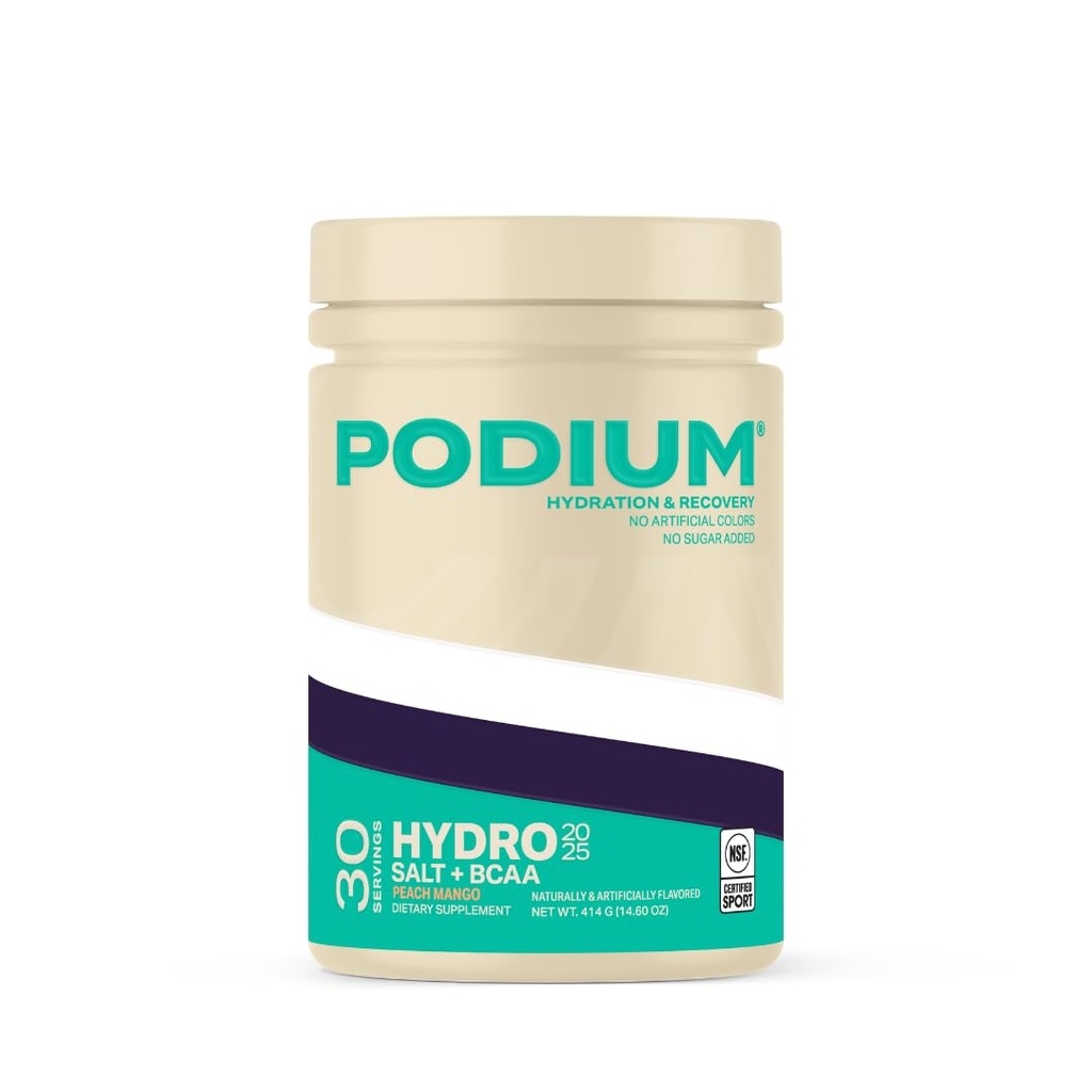 Podium Nutrition, Instantized BCAA Powder, Hydro and Salt 2025, 30 Servings, Electrolytes, Hydration, Recovery (Peach Mango)